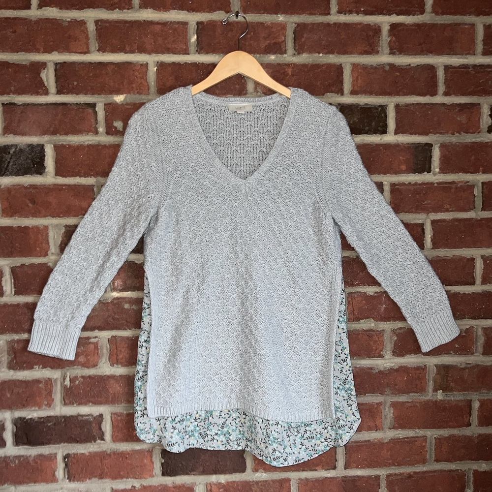 Ann Taylor Loft light grey sweater with floral “shirt tail” at waist